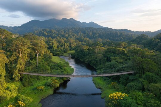 Lush green landscape with a suspension bridge over a serene river at sunrise in a mountainous region