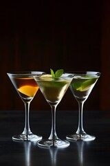 Three Elegant Cocktails in Martini Glasses