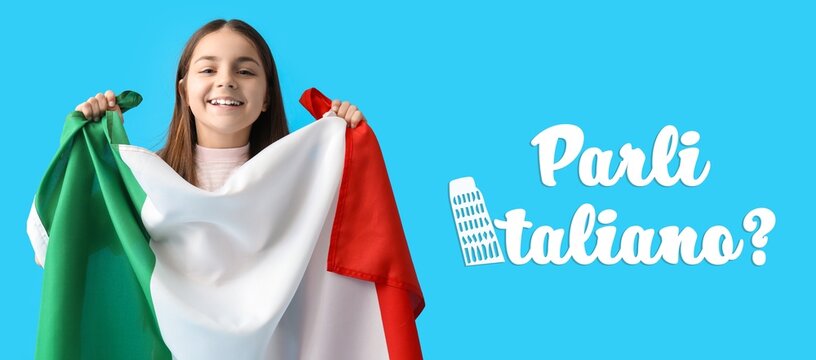 Little girl with flag and text PARLI ITALIANO? (DO YOU SPEAK ITALIAN?) on light blue background