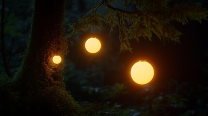 Fototapeta premium Glowing orbs hang from moss-covered trees