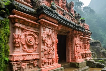 Fototapeta premium Intricate Ancient Temple Architecture in a Lush Forest Setting with Detailed Carvings and Mossy