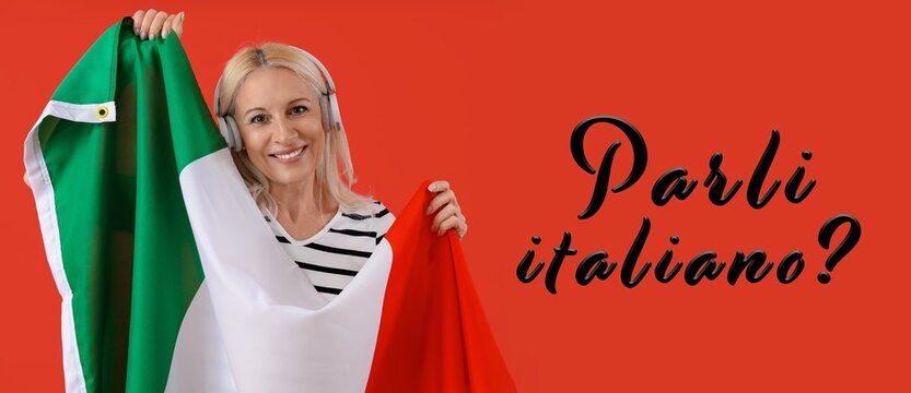 Mature woman with flag and text PARLI ITALIANO? (DO YOU SPEAK ITALIAN?) on red background