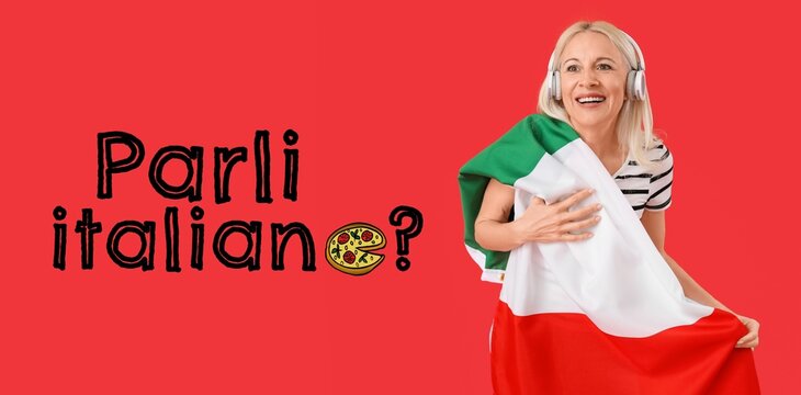 Mature woman with flag and text PARLI ITALIANO? (DO YOU SPEAK ITALIAN?) on red background