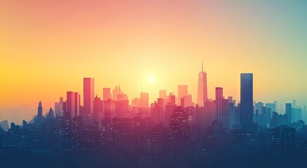 Fototapeta premium A vibrant city skyline at sunrise, bathed in warm hues.