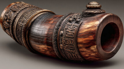 Intricate Antique Horn Artifact with Decorative Carvings and Finishes