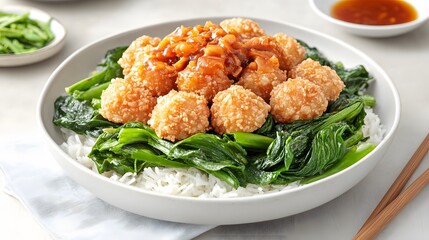 Crispy Chicken Rice Bowl with Garlic Sauce and Bok Choy