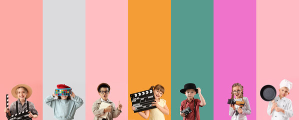 Collage of different children dreaming about their future professions on color background