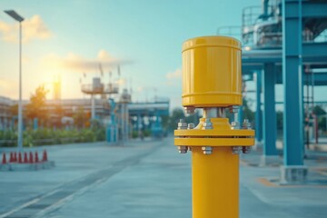 Bright yellow valve on industrial site during sunset enhances the urban landscape and operational efficiency