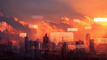 Obraz premium Double Exposure Mobile Chat Bubbles Over City Skyline at Sunset