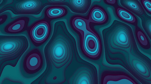 Light blue, violet, purple, teal, green, petrol colour morphing gradient background. Retro futuristic abstract topographic map with waves, contour lines, organic shapes. Flowing motion of round shapes