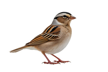 Fototapeta premium Single House Sparrow Isolated on White for Wildlife and Bird Concepts: Small Brown and Black Striped Bird Imagery: Sparrow, House, Isolated, White, Bird, Wildlife, Nature, Brown, Black, Striped