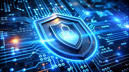 Fototapeta premium Blue Cybersecurity Shield Icon on Circuit Board Background