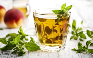 Refreshing Mint Peach Tea in Glass,  Summer Drink Photography