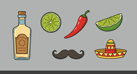 Mexican-themed icons featuring tequila, lime, chili, sombrero  