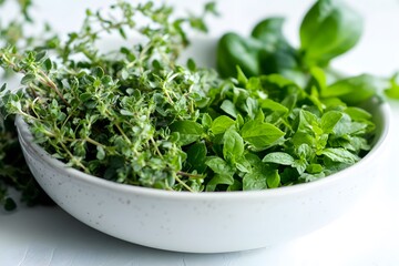Fototapeta premium Fresh Thyme, Oregano, and Basil Herbs in Bowl