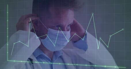 Doctor adjusting surgical mask, overlaying green turquoise line graph with data points - Powered by Adobe