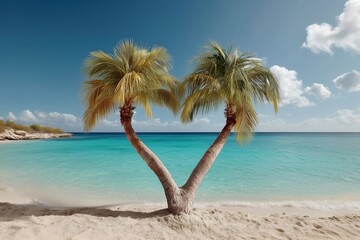 Two leaning palm trees form a natural heart shape on a tropical beach with turquoise water, soft sand, and clear blue sky under bright sunlight.