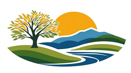 Serene Landscape with a Yellow Sun, Green Hills, Blue Mountains, and a Winding River