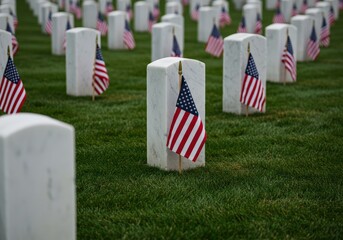 American flags stand at attention on graves in a military cemetery honoring the fallen.