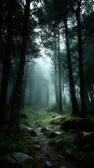Fototapeta premium A serene forest path winds through tall, slender trees under a misty sky, where dd light filters through the canopy creating an ethereal, dreamlike ambience.
