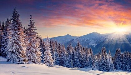 Fototapeta premium amazing mountain winter landscape with fir trees at dawn natural christmas background