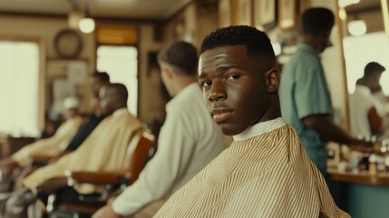 portrait of a black man in a barbershop in the 1950s