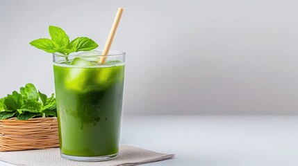 Refreshing Green Beverage with Mint Leaves and Ice Cubes in a Glass on a Simple Background for Summer or Healthy Lifestyle Promotions