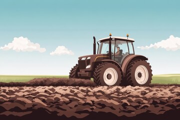 Fototapeta premium Tractor plowing a field in a sunny rural landscape surrounded by green hills and blue skies