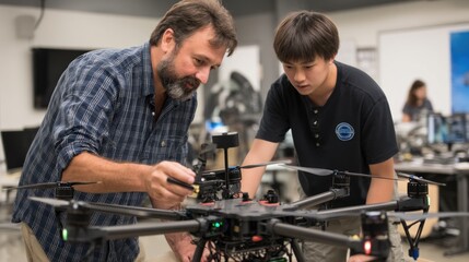 Educator and student working on drone