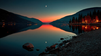 Fototapeta premium The tranquil lake reflects the fading sunset sky and a crescent moon between the silhouettes of mountain peaks on a peaceful and colorful evening scene.