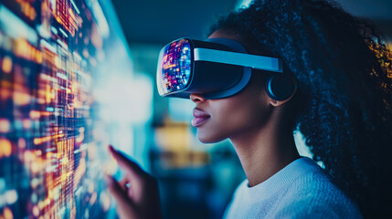 Future Tech: Woman exploring a virtual world with digital interface using VR headset, interacting with futuristic screen