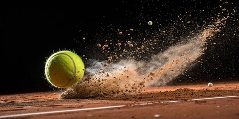 Close up of a tennis ball hitting the ground with dirt particles flying on a black background scene created with generated ai