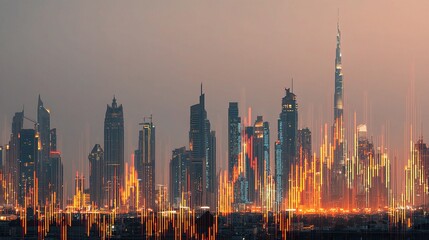 Stunning Dubai Skyline Blended with Digital Stock Exchange Elements