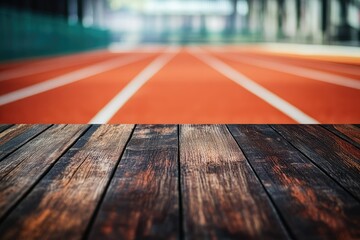 Empty running track with wooden table