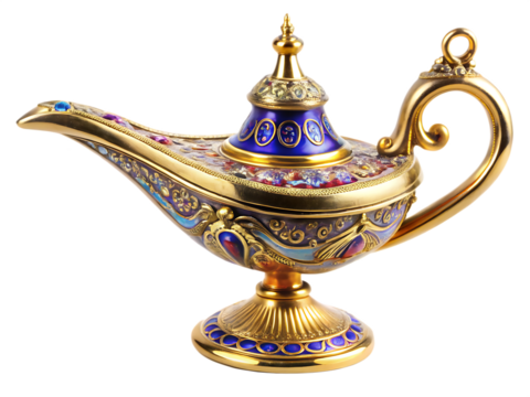 Ornate golden aladdin lamp rich in details isolated on white background