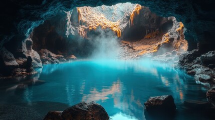 Azure cave pool, steamy