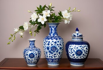 On one table there are three vases with flowers inside