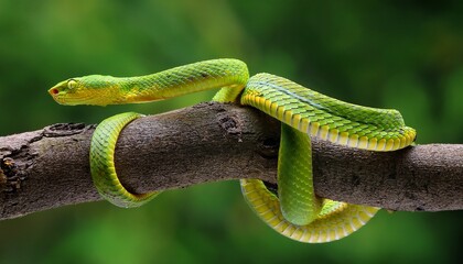 Fototapeta premium trimeresurus insularis closeup on branch indonesian viper snake closeup
