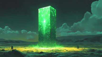 Green rift monolith: a glowing, ancient structure in a desolate wasteland. Rift Monolith. Illustration