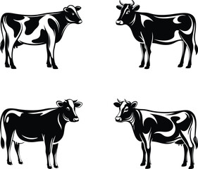 Set of Cow Silhouette Illustrations – Black and White Farm Animal Vector Art