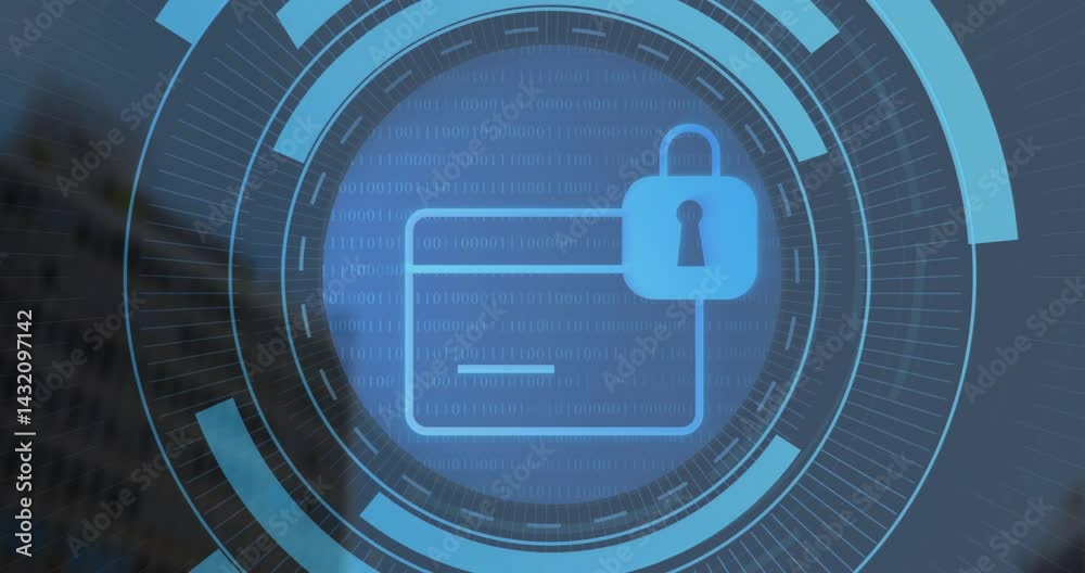 Poster displaying blue folder outline with padlock on scrolling binary code in animated hud overlay