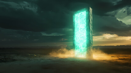 Green rift monolith: a glowing, ancient structure in a desolate wasteland. Rift Monolith. Illustration