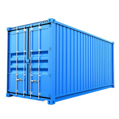large blue shipping container with metal locks and reinforced corners, used for transporting goods. container is isolated on transparency background, showcasing its industrial design