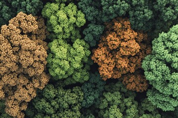 High angle view of diverse forest canopy clusters.