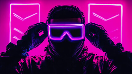 A cyberpunk warrior in a luminous magenta world, design for web, poster