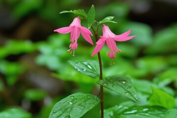 Fototapeta premium Two vibrant pink flowers with delicate structure, positioned against a background of lush greenery.
