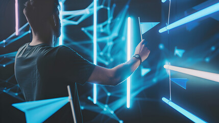 Man interacting with augmented reality interface with flags and glowing neon lines in dark space
