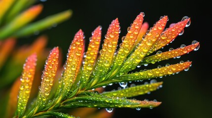Vibrant, dew-kissed evergreen needles in fall colors.