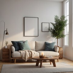 Minimal living room with sofa and pillow, small wood cabinet, shelf with candles and books, clean white wall with space for product mockup or branding, natural daylight, cozy and stylish 8k render