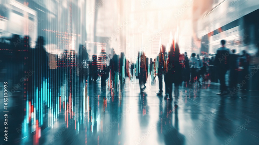 Poster blurred stock trader floor with upward graphs and layers